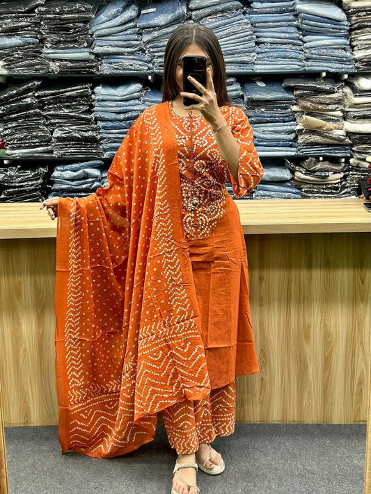 Women’s Bandhani Print Cotton Kurti Palazzo & Dupatta Set - Orange